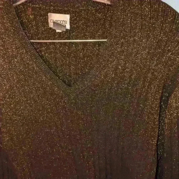 CHICOS Chocolate Copper Sparkly V- Neck Sweater - A73 - Picture 3 of 4